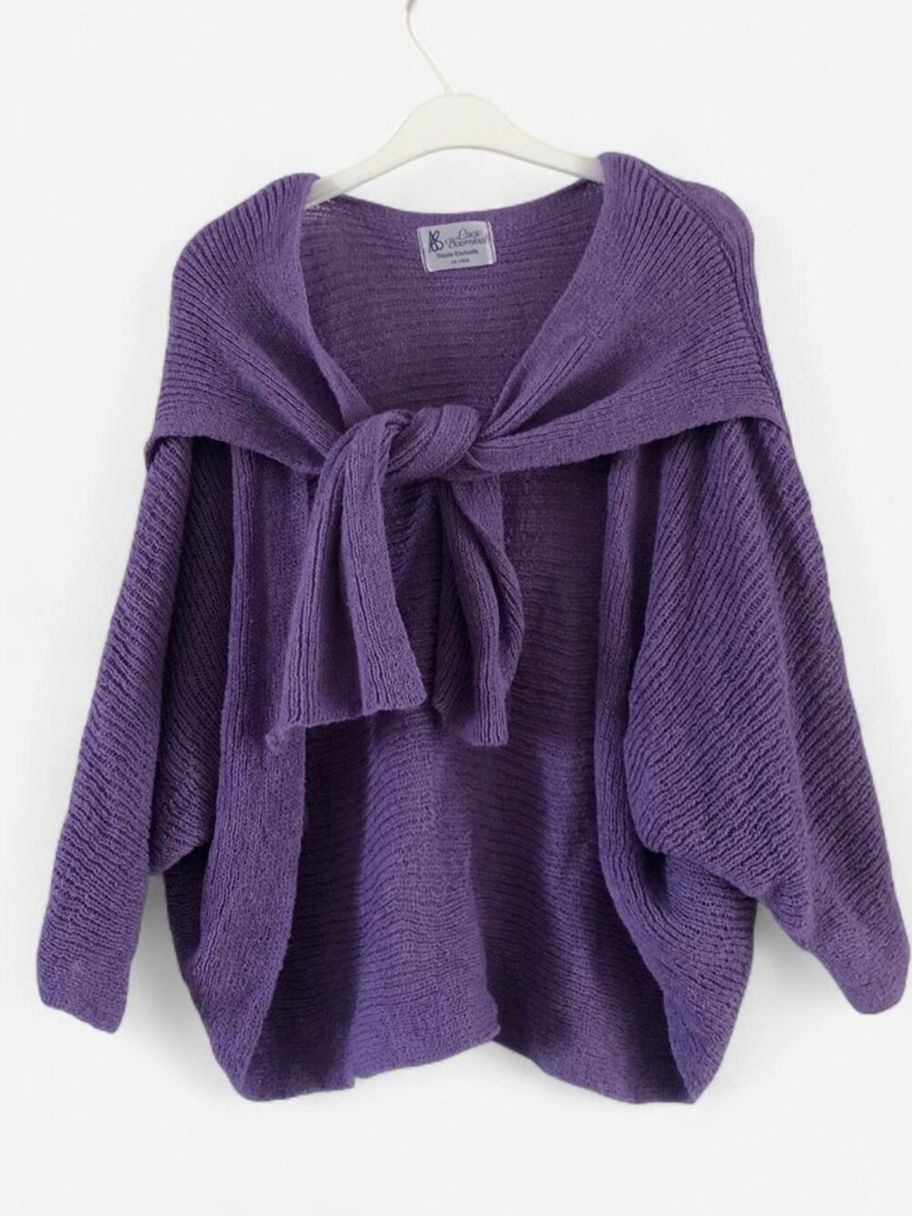 purple oversized knit sweater cardigan with bow tie front